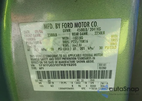 2007 Ford Escape Xlt/Xlt Sport z USA, uszkodzony, nr VIN 1FMYU03107KB19205